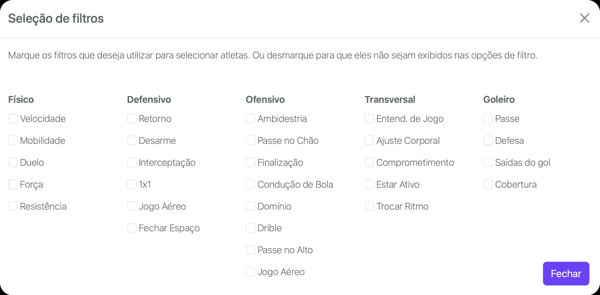 Seleção de filtros específicos por categorias físicas, defensivas, ofensivas, transversais e goleiro